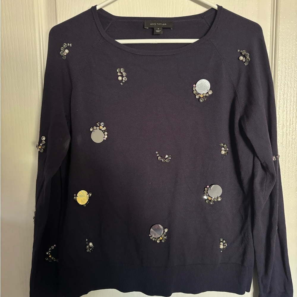 Ann Taylor Navy Blue Ornate Sweater